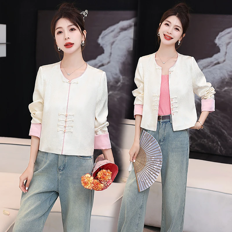 新中式国风盘扣外套女短款2025早春新款时尚好看高端气质提花上衣