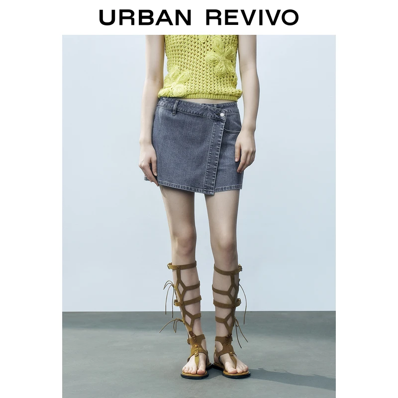 UR2025夏季新款女装复古休闲水洗不对称牛仔短裤UWM850138