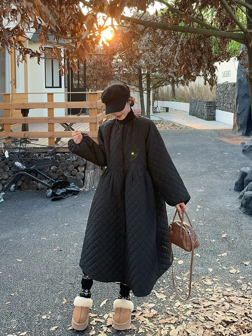 常规娃娃领中长款大衣复古圆领秋冬女棉服纯色韩版休闲黑色
