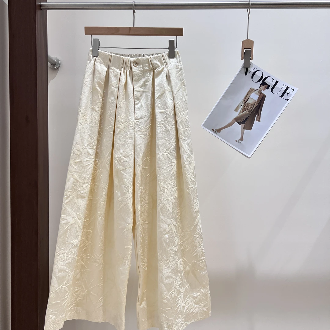 ZZ印花常规常规款提花裤松紧腰气质百褶阔腿裤两件套X133