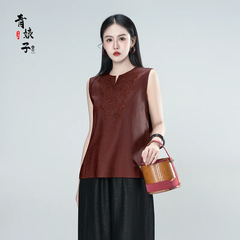青娘子-香云纱（亦瑶）红云纱刺绣国风新中式圆领宽松无袖背心60903