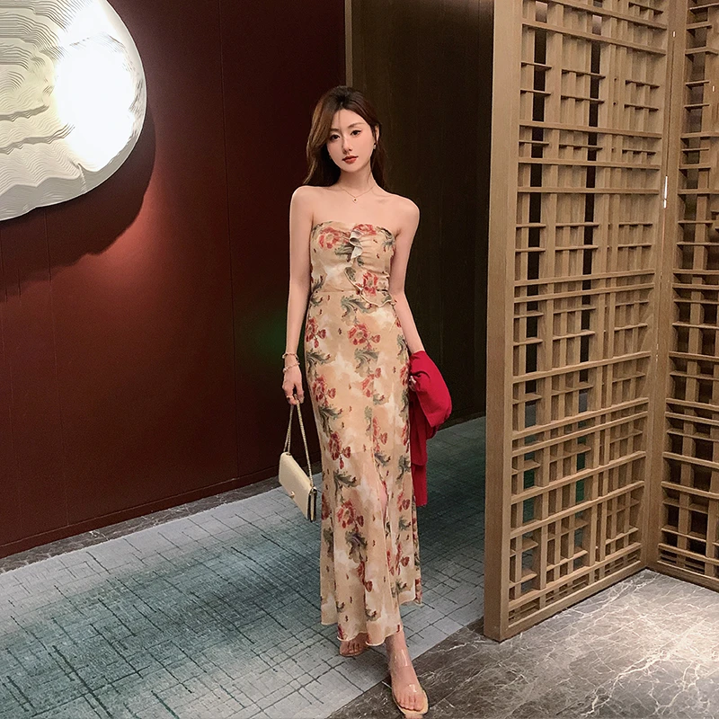 林关关一字肩碎花吊带裙连衣裙夏天法式复古度假裙子92235