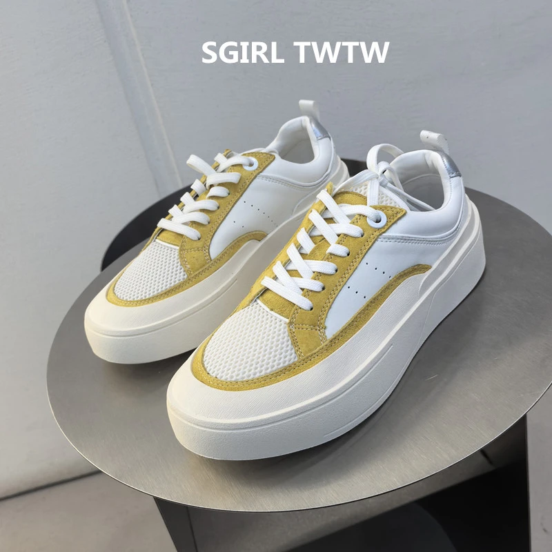 SGIRL TWTW2025年新款真皮柔软防滑透气圆头平底休闲鞋系带板鞋女