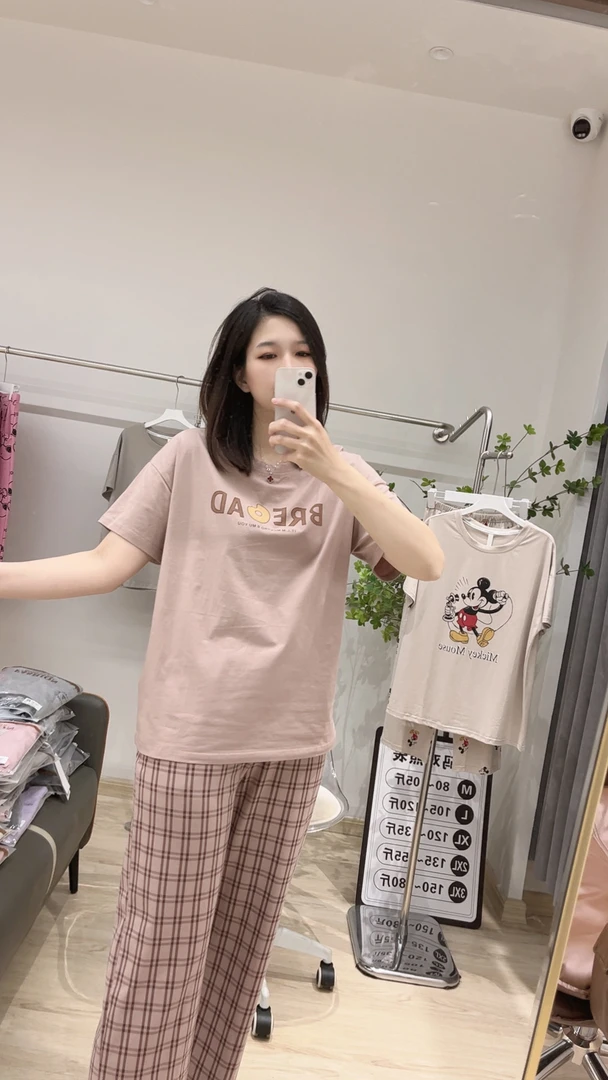 芬亿夏季爽棉睡衣女时尚休闲宽松印花圆领女士简约减龄格子可外穿