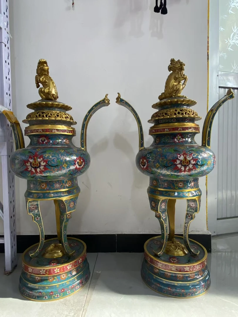 YL003景泰蓝铜胎麒麟高脚炉一对