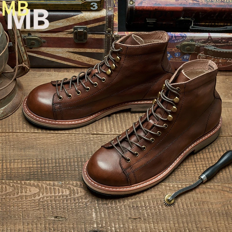 阿美咔叽短脸复古工装靴马丁靴男高中帮真皮加绒保暖夏季机车靴潮