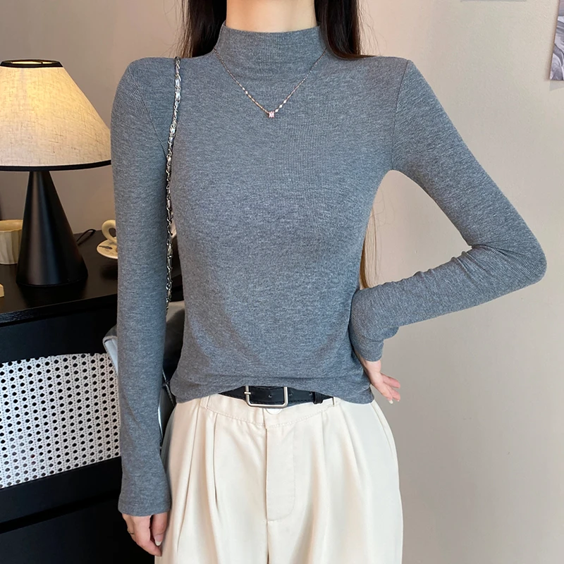 螺纹半高领加绒加厚打底衫女秋冬内搭长袖t恤修身显瘦保暖上衣潮