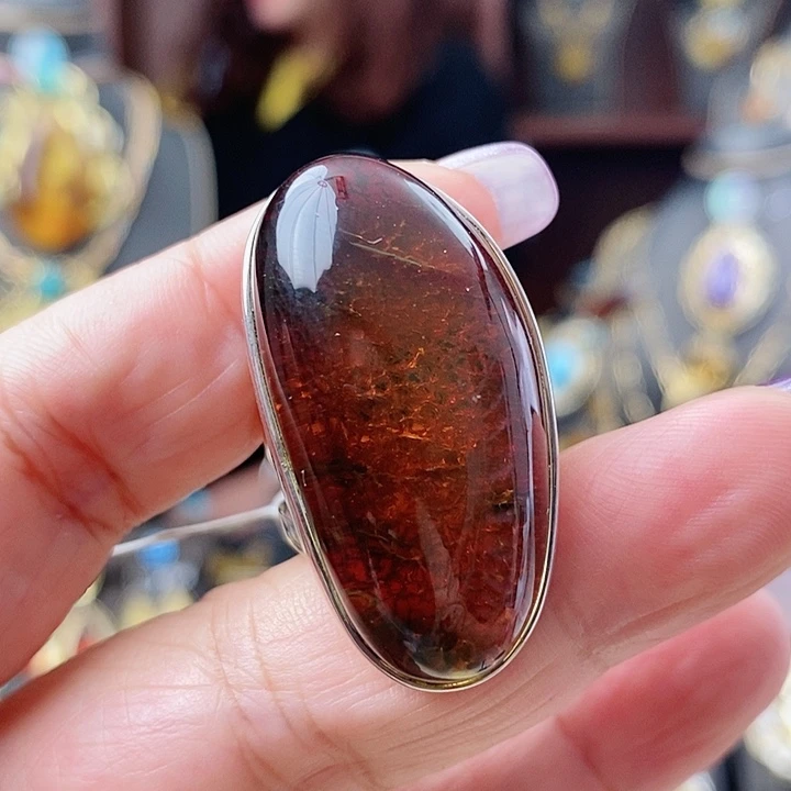 琥珀戒指银S925镶嵌戒指