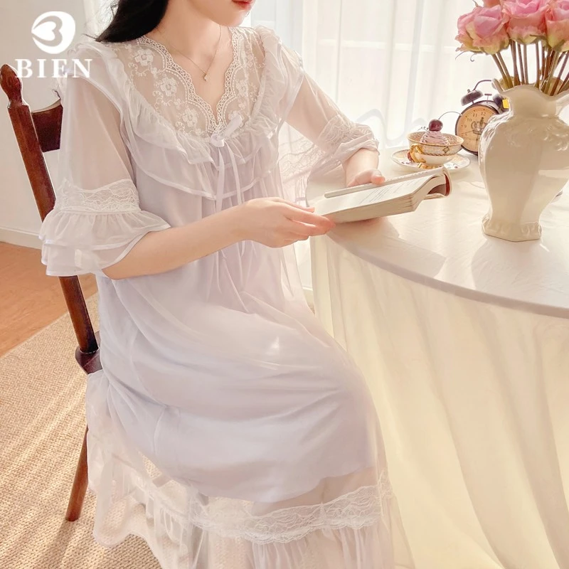 BIEN网纱莫代尔带胸垫短袖睡裙女春夏季公主风法式可外穿宫廷睡衣