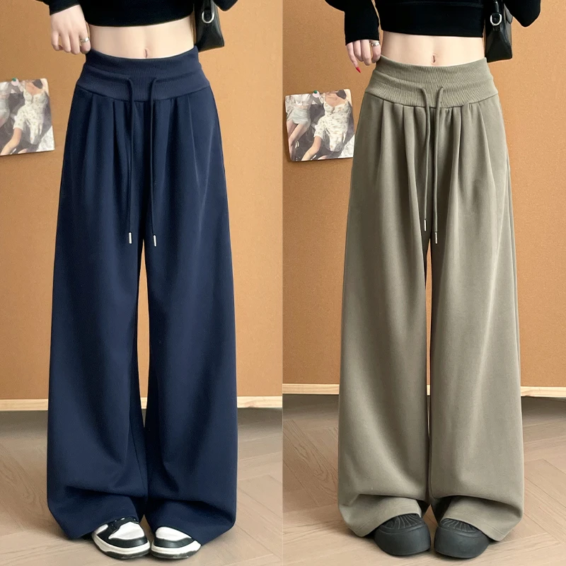 藏青色百搭运动裤女春秋新款低腰显瘦直筒卫裤宽松休闲抽绳阔腿裤