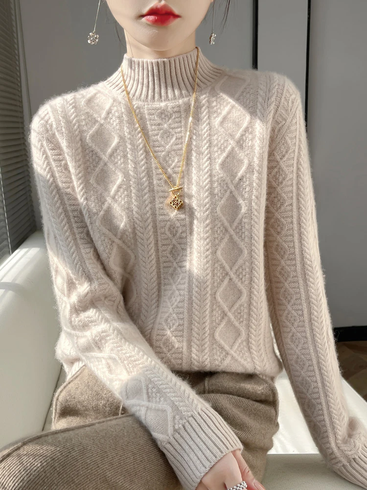 100%高端羊毛七针加厚绞花半高领纯羊毛打底衫NJR890