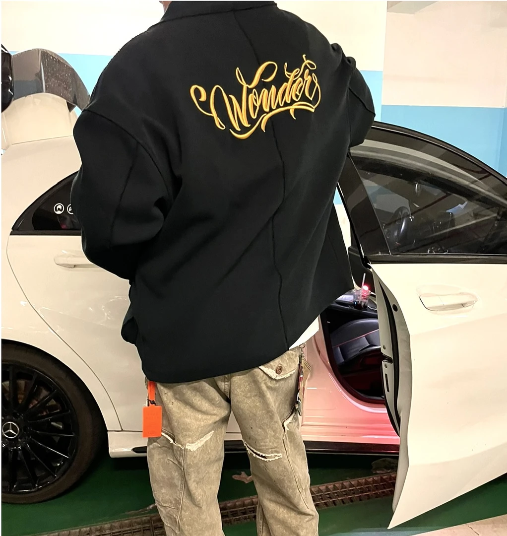 日系 重磅水洗刺绣阔型针织卫衣开衫外套