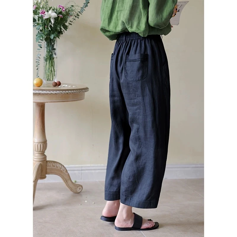 【元气裤】100%纯亚麻九分裤休闲裤春季显瘦复古高腰松紧腰宽松