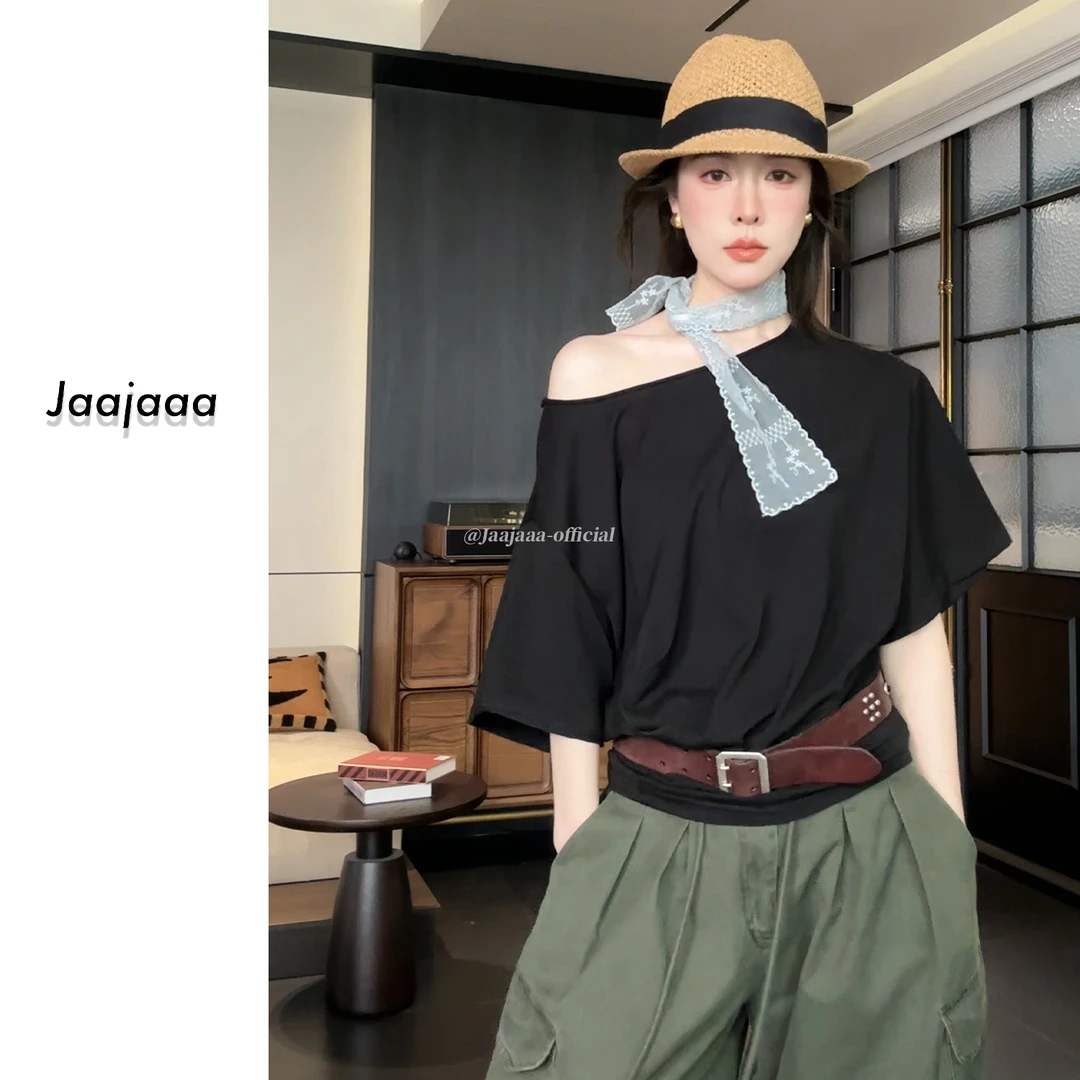 Jaajaaa茉语晴空   时尚百搭宽松显瘦简约一字肩露肩短袖T恤/HDEB