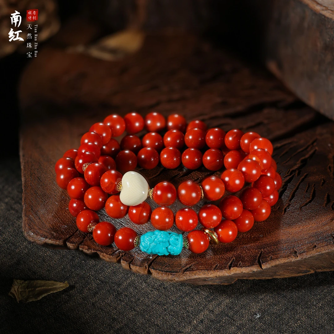 【桃总推荐】diy18k牛血红瓦西南红8mm圆珠多圈项链@@ZY51118001