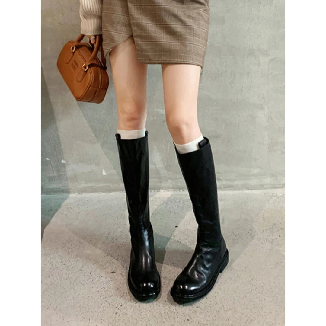 头层牛皮~真皮覆古褶皱长靴百搭显瘦粗跟英伦高筒骑士靴女长筒靴