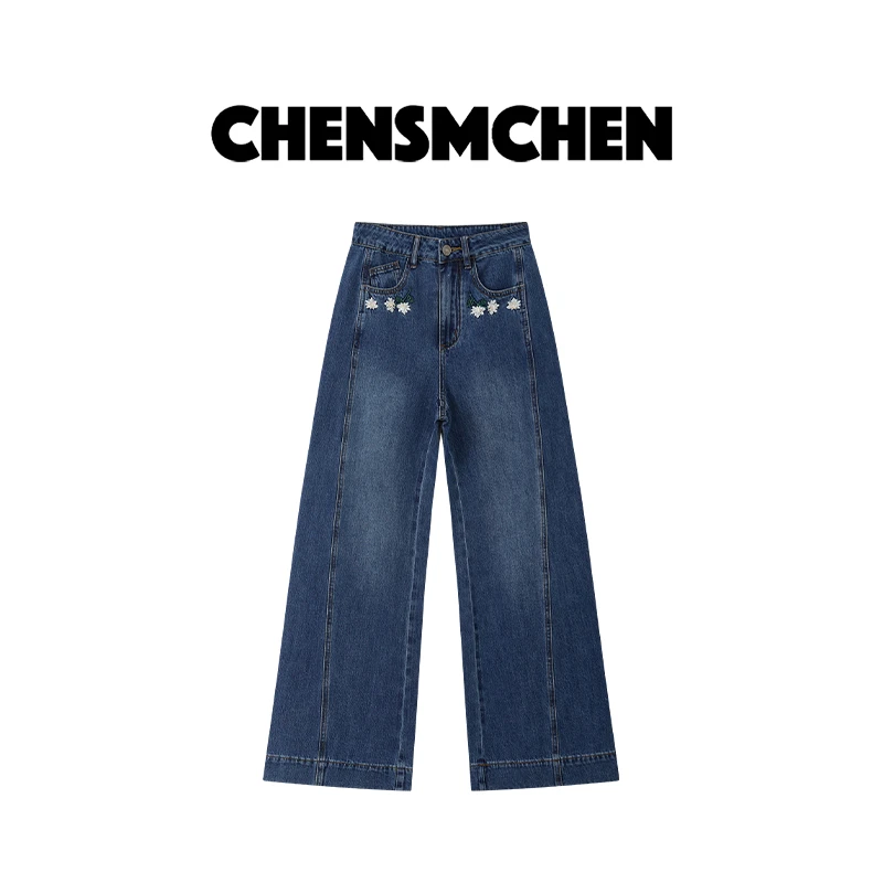 CHENSMCHEN 钉珠刺绣雏菊花朵牛仔裤女时尚百搭阔腿裤CSN8213QQ