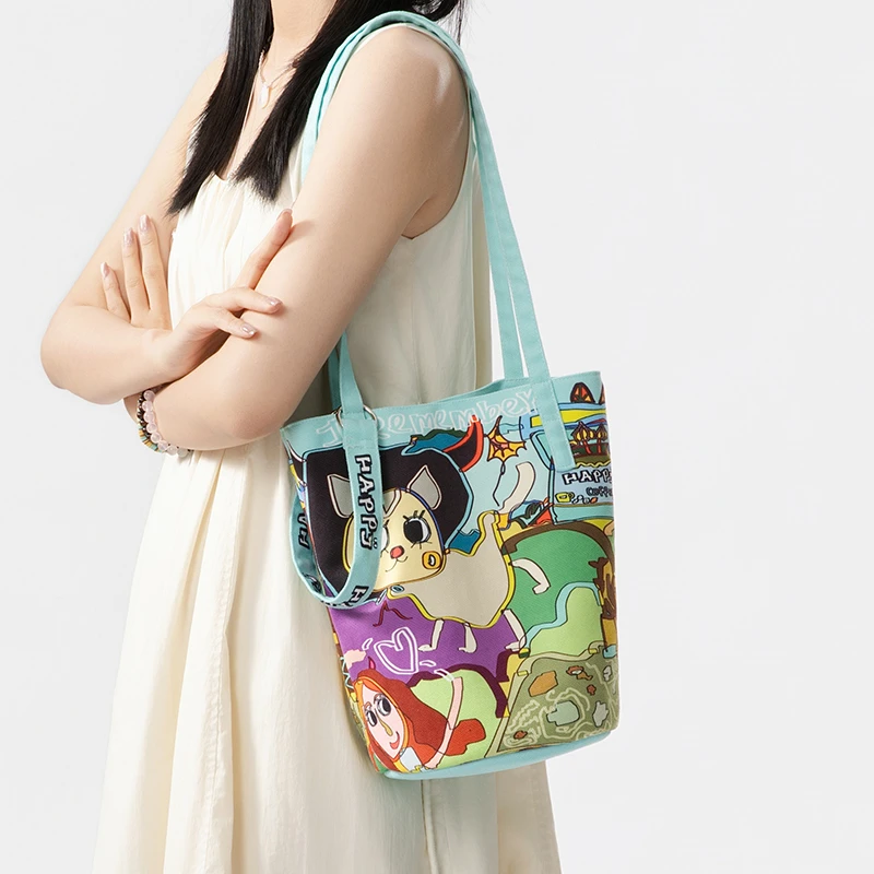 插画师原创Q296细肩带水桶包通勤大容量单肩斜跨包帆布休闲