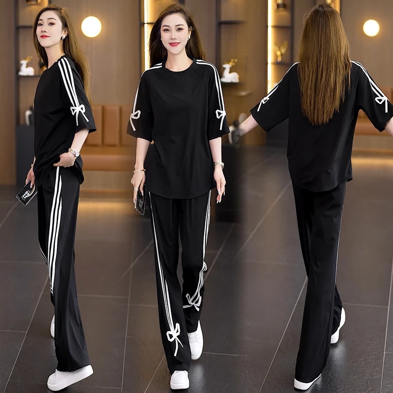 2025夏季新款时尚套装韩版设计感蝴蝶结条纹上衣阔腿裤两件套