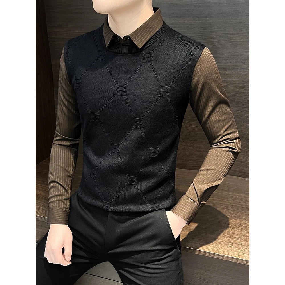 NYIG男士条纹衬衫毛衣男装秋冬款2025高级感痞帅假两件针织衫上衣