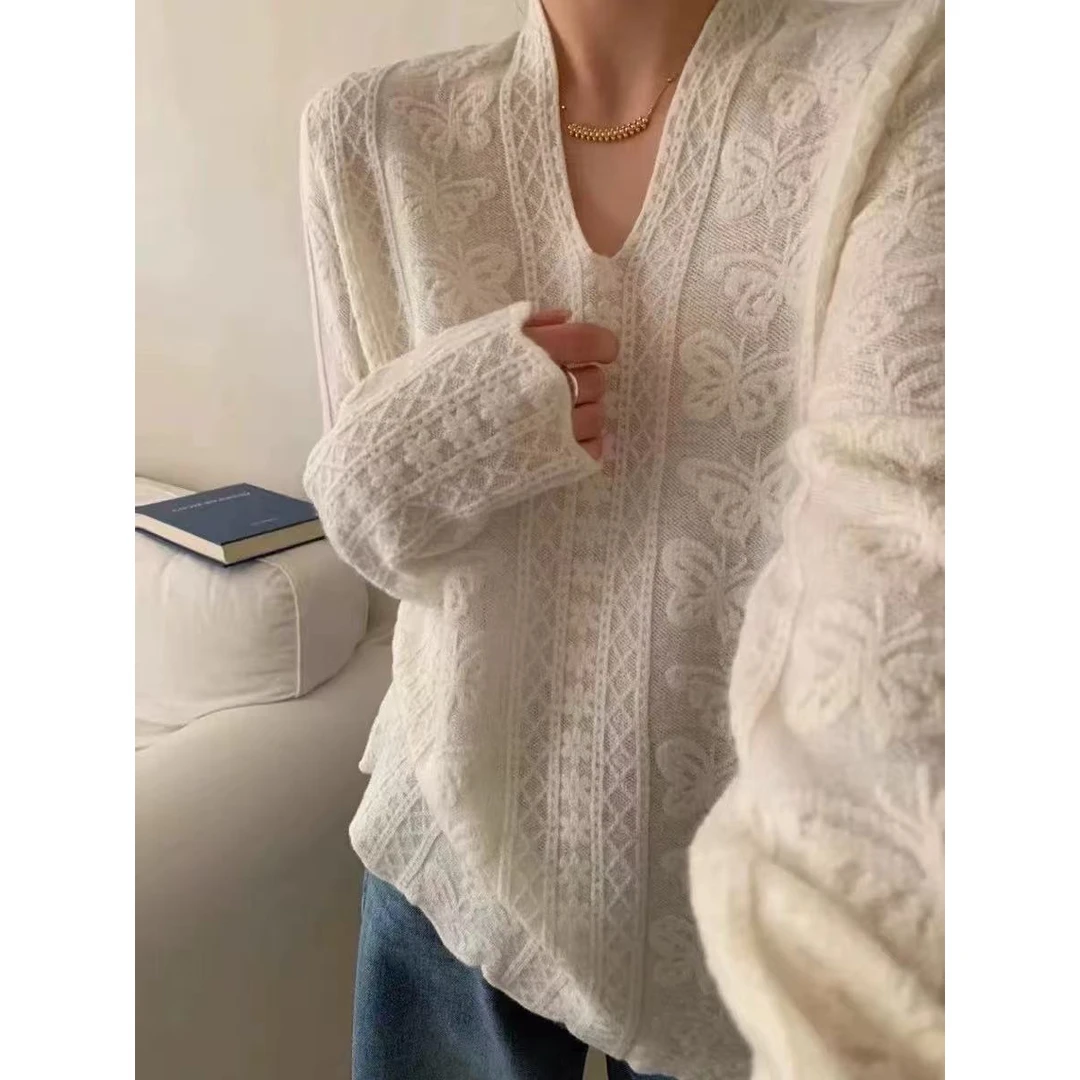 精纺羊毛+欧根纱V领大版针织打底衫