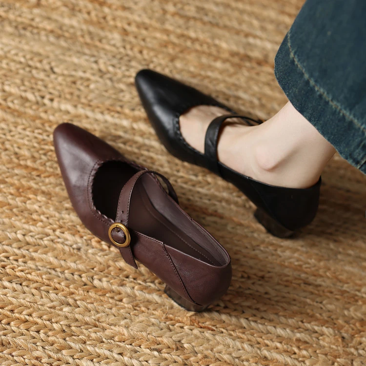 头层牛皮3.5cm～复古尖头低跟舒适百搭玛丽珍软底浅口单鞋秋季粗跟