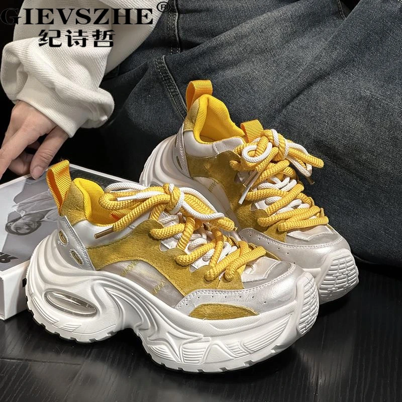 纪诗哲真皮松糕厚底老爹鞋女夏季新款百搭增高气垫时尚休闲运动鞋