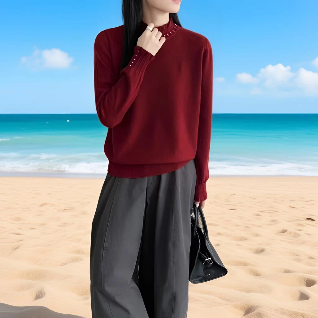 宽松针织提花衬衫袖毛针织衫纯色保暖针织衫毛衣圆领春秋长袖时尚