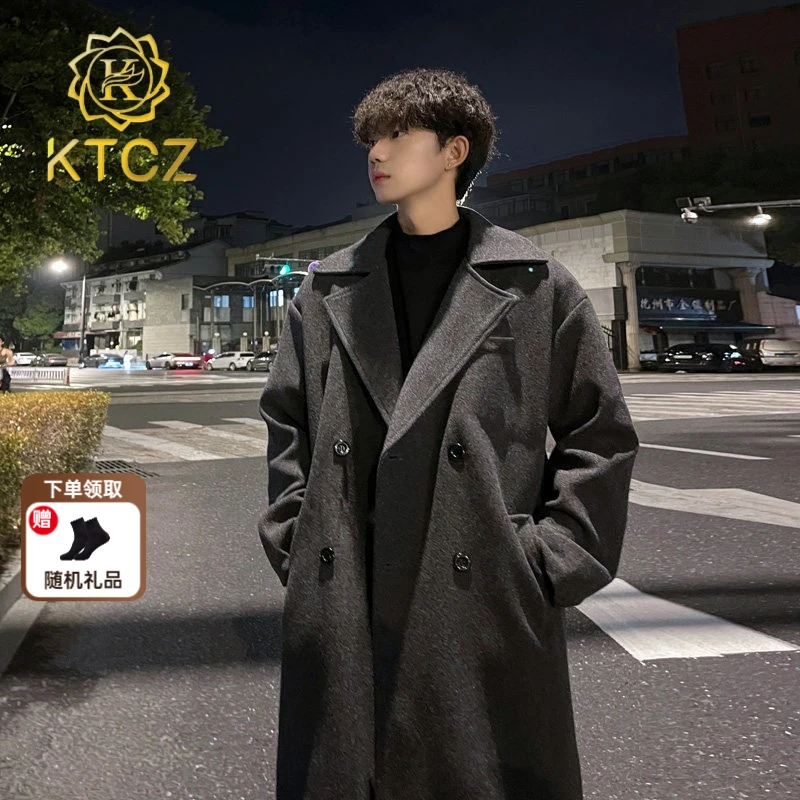 KTCZ冬季加厚双面毛呢大衣男中长款双排扣呢子风衣韩版外套情侣潮