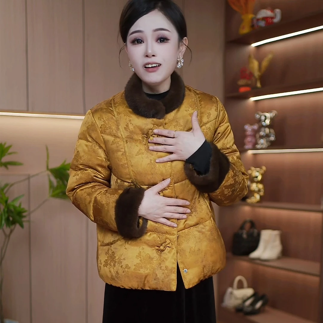国风羊绒棉服妈妈冬装洋气高贵毛领拼接袄子中老年女装气质短棉袄