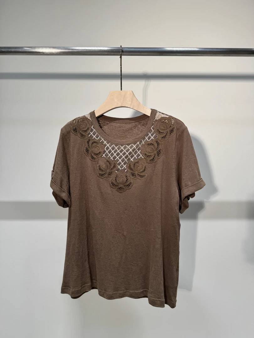 【诺糸.哲学】蕾丝镂空拼接T恤7101