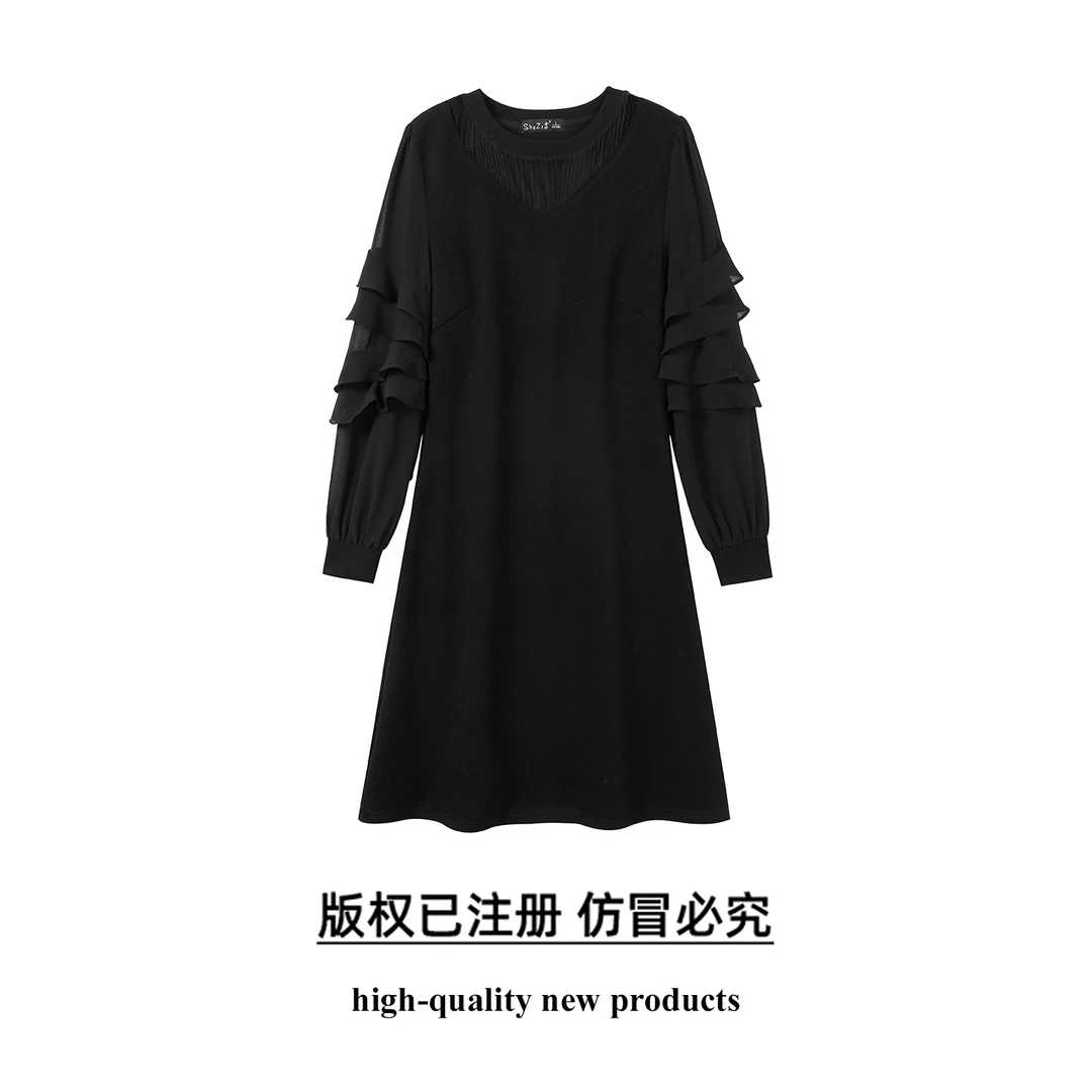奢姿大码女装2025冬季胖妹妹时尚黑纱层叠袖设计气质圆领连衣裙
