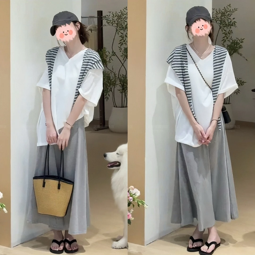 韩系时尚慵懒风宽松V领短袖T恤女搭条纹披肩休闲高腰半身裙三件套