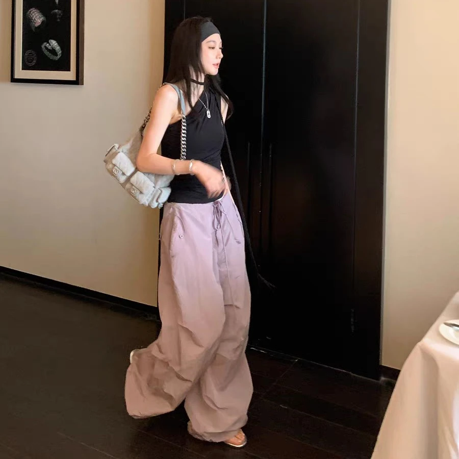 欧阳美式工装裤女夏季轻薄休闲裤宽松直筒阔腿裤透气防晒裤子