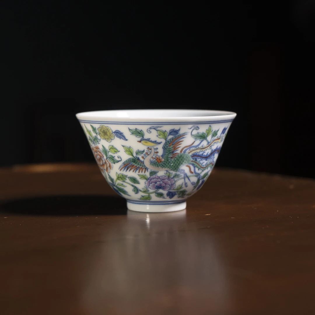 霞艺斗彩缠枝龙凤牡丹手绘主人杯敞口杯陶瓷茶杯品茗杯茶具主任杯