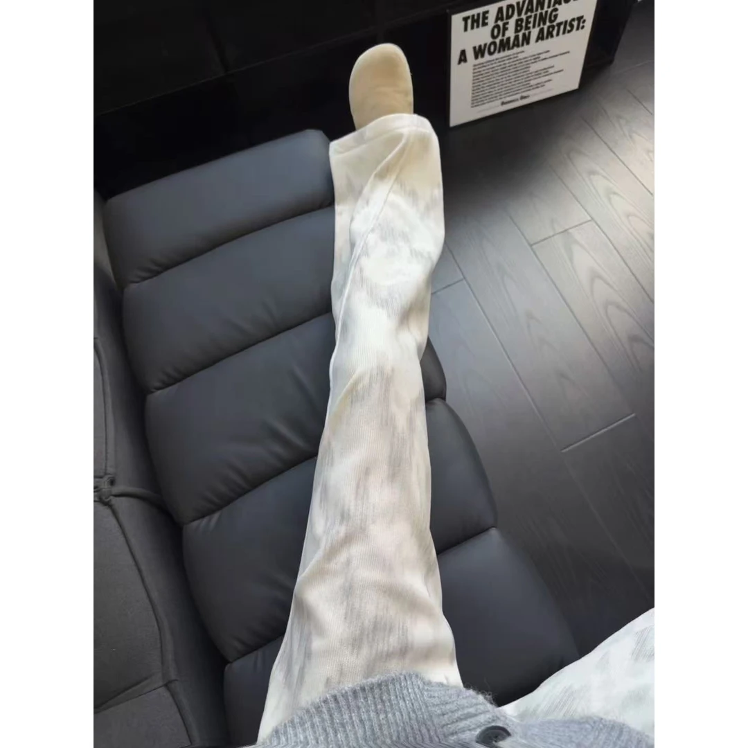 美式复古加绒扎染捏褶阔腿裤男女秋冬加厚阔腿垂感宽松直筒休闲裤