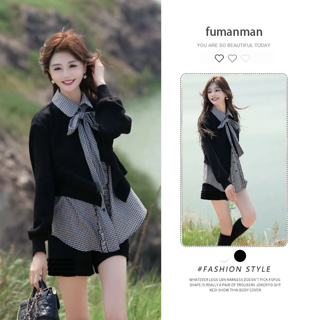 早秋韩系套装女2025新款甜辣妹学院风拼接衬衫搭配显瘦短裤两件套