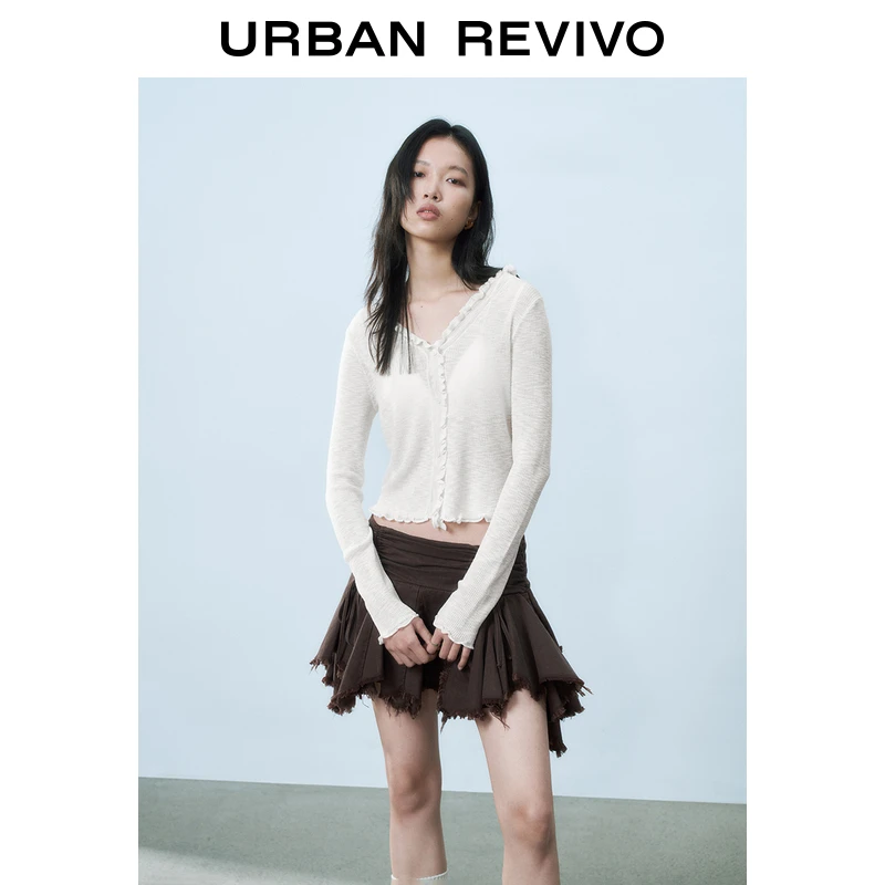 UR2025秋季新款女装休闲V领木耳边修身针织开衫UYY950020