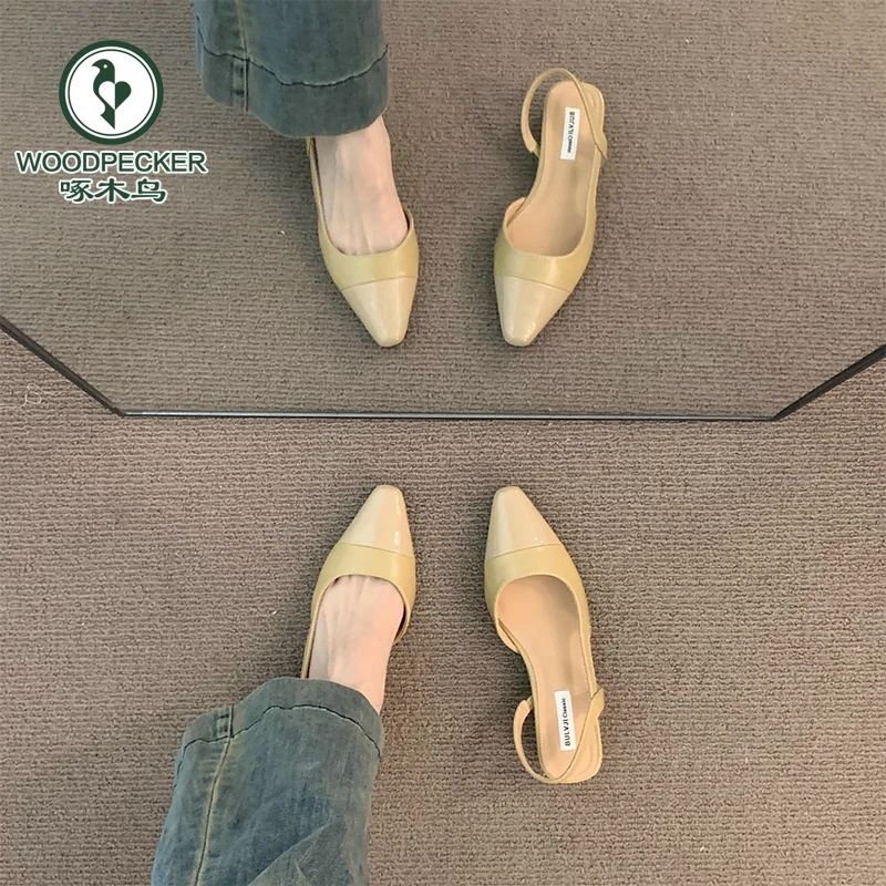 啄木鸟低跟包头凉鞋女法式温柔晚晚裸色尖头淑女粗跟后空气质单鞋