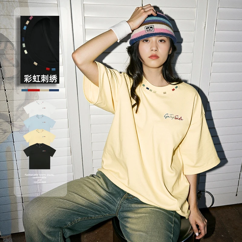 撞色彩绣纯棉短袖T恤男夏季款日系宽松情侣休闲高街潮流宽松短袖