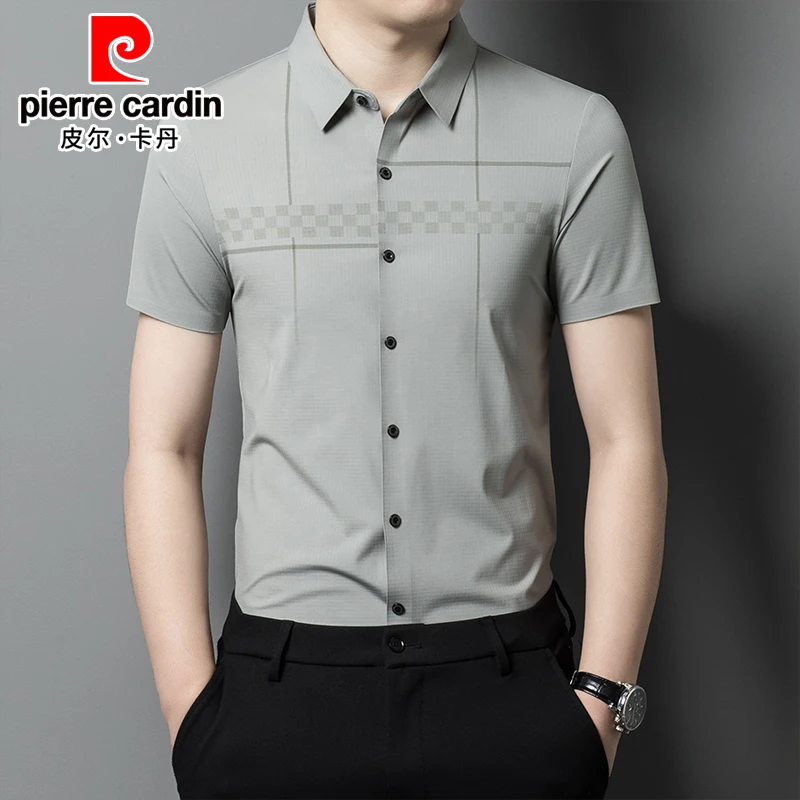 皮尔卡丹男士短袖衬衫新款弹力无痕抗皱时尚休闲商务男装高档衬衣