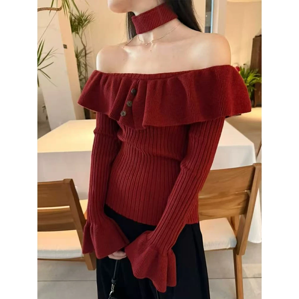 新款挂脖一字肩上衣1982