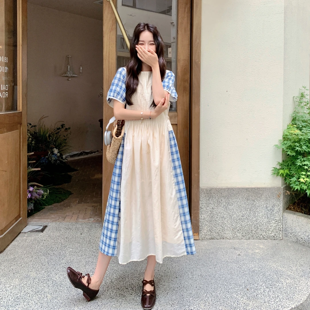 拼接通勤长裙格子连衣裙时尚拼色夏季宽松复古显瘦气质法式长款