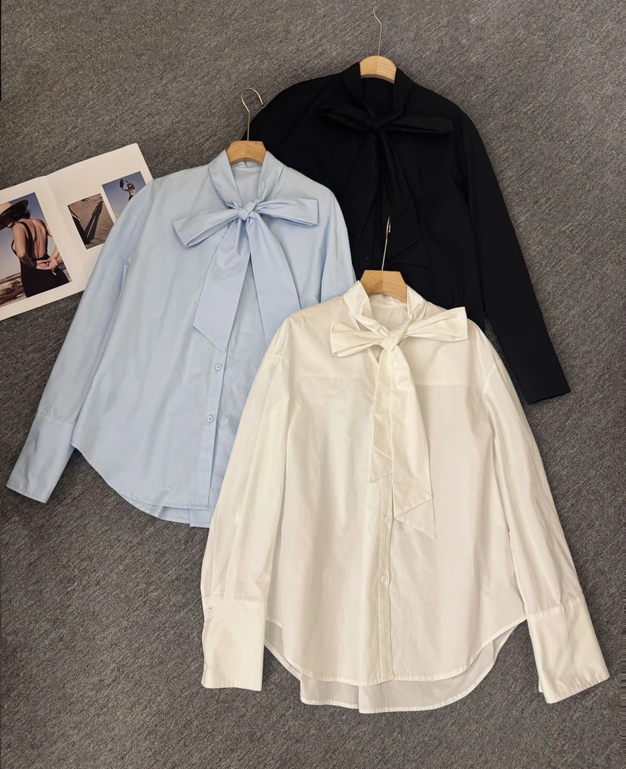 25春夏新款蝴蝶结衬衫中长款巨显瘦