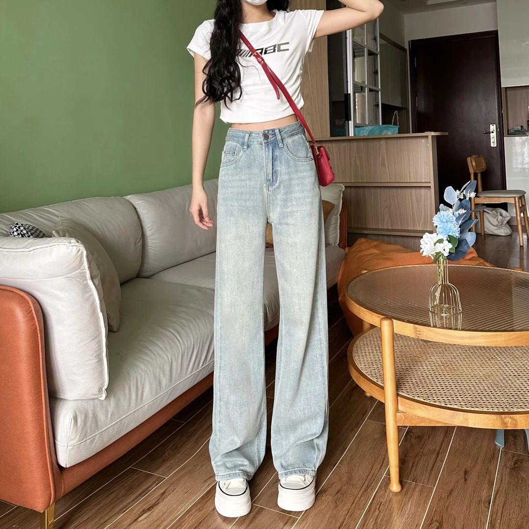 2025春款刺绣宽松显瘦窄版直筒阔腿垂感高腰显瘦牛仔裤女小个子潮