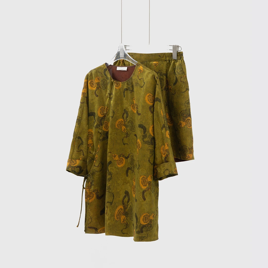 香云纱红云纱印花套装女绿葫芦100桑蚕丝国风上衣短裤两件套