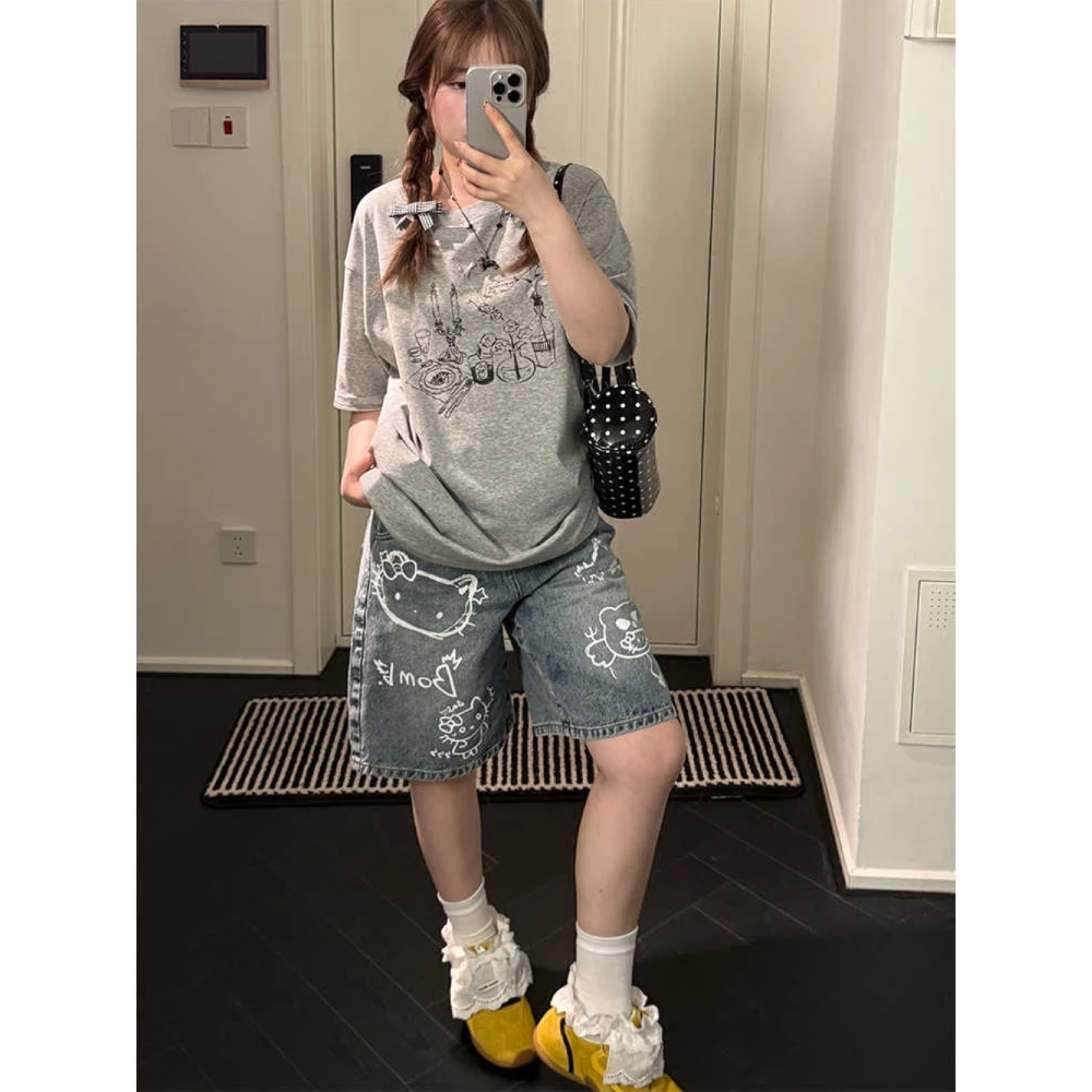 大码美式复古可爱涂鸦宽松牛仔裤女2025夏季新款高腰显瘦阔腿裤子