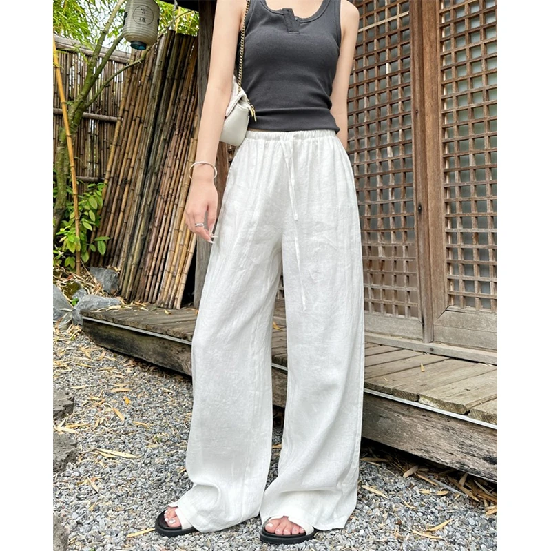 纯色棉麻阔腿裤女夏天薄款亚麻休闲裤子胖mm慵懒风大码宽松大甩裤