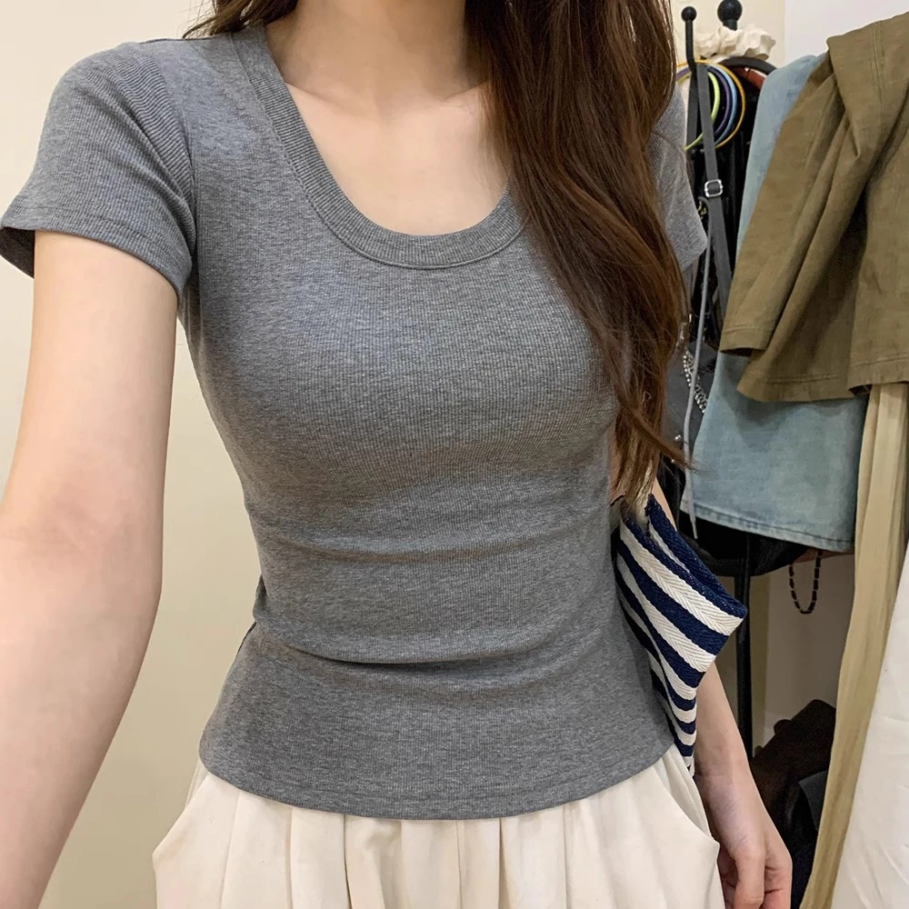 气质U领正肩女t恤新款修身百搭辣妹低领螺纹显瘦打底衫短袖上衣女