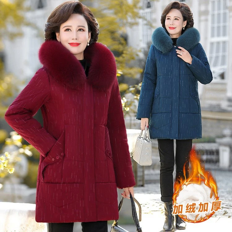 妈妈冬装加绒加厚大毛领棉袄外套中老年女冬季保暖中长款服